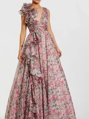 MAC DUGGAL Pink Sleeveless V-Neck Floral Chiffon Ruffle Ball Gown